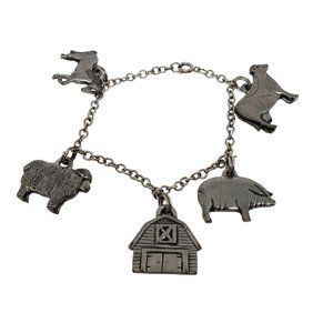 Girls Charm Bracelet 6.5" Farm Barn Cow Horse Sheep Pig Pewter Stainless Steel